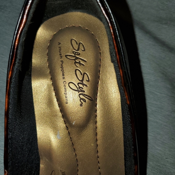 516-Hush Puppies Soft Style 1.5" heel patent animal print heel/trim/bow Sz 7.5w - Picture 6 of 11